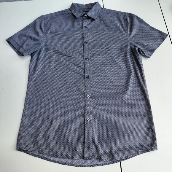 Axist Mens Collared Button Up Short Sleeve Shirt Gray Black Geo Print Sz S - Picture 1 of 8